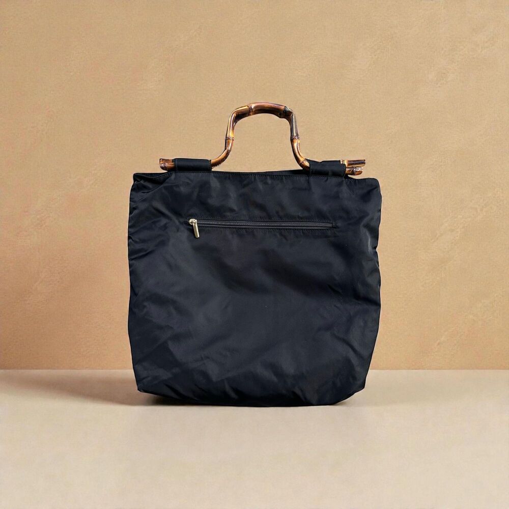 Vintage Sostanza New York Italy Nylon Tote Black Bag | Nampo Bamboo Handles
